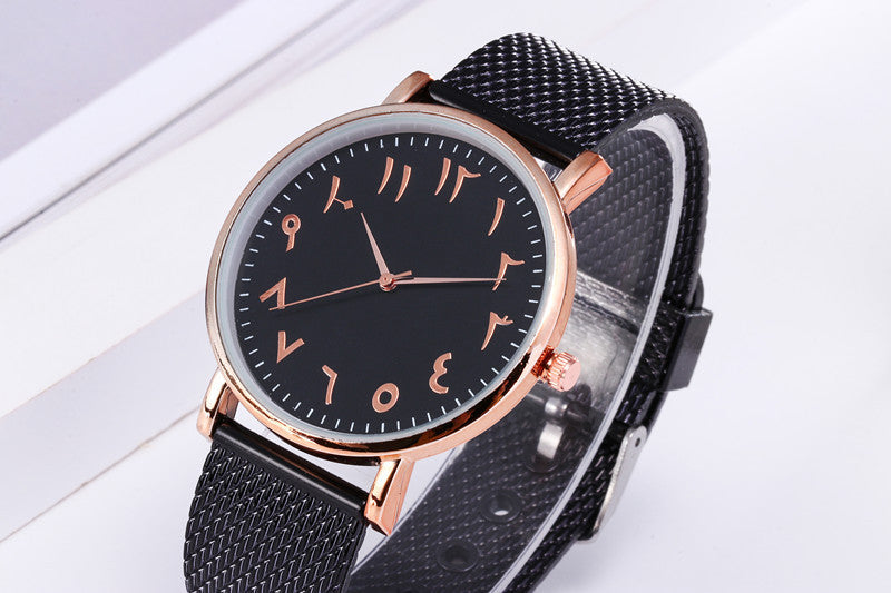 Creative digital mesh band watch with a black dial and rose gold markers for modern style