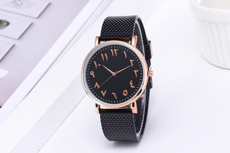 Stylish black creative digital mesh band watch with rose gold accents and unique numeral design