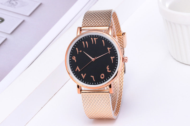 Stylish creative digital mesh band watch with a black face and rose gold accents