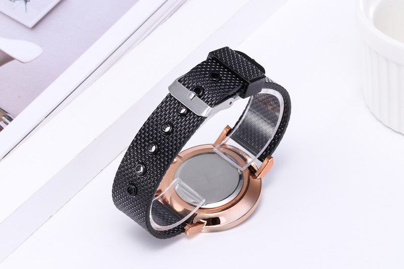 Stylish creative digital mesh band watch with a sleek black strap and rose gold case