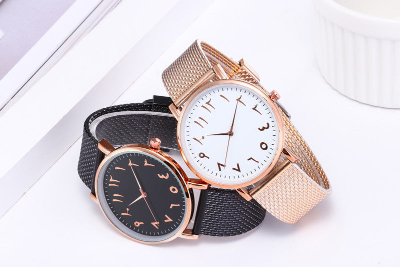 Two stylish watches featuring creative digital mesh band design with black and white dials