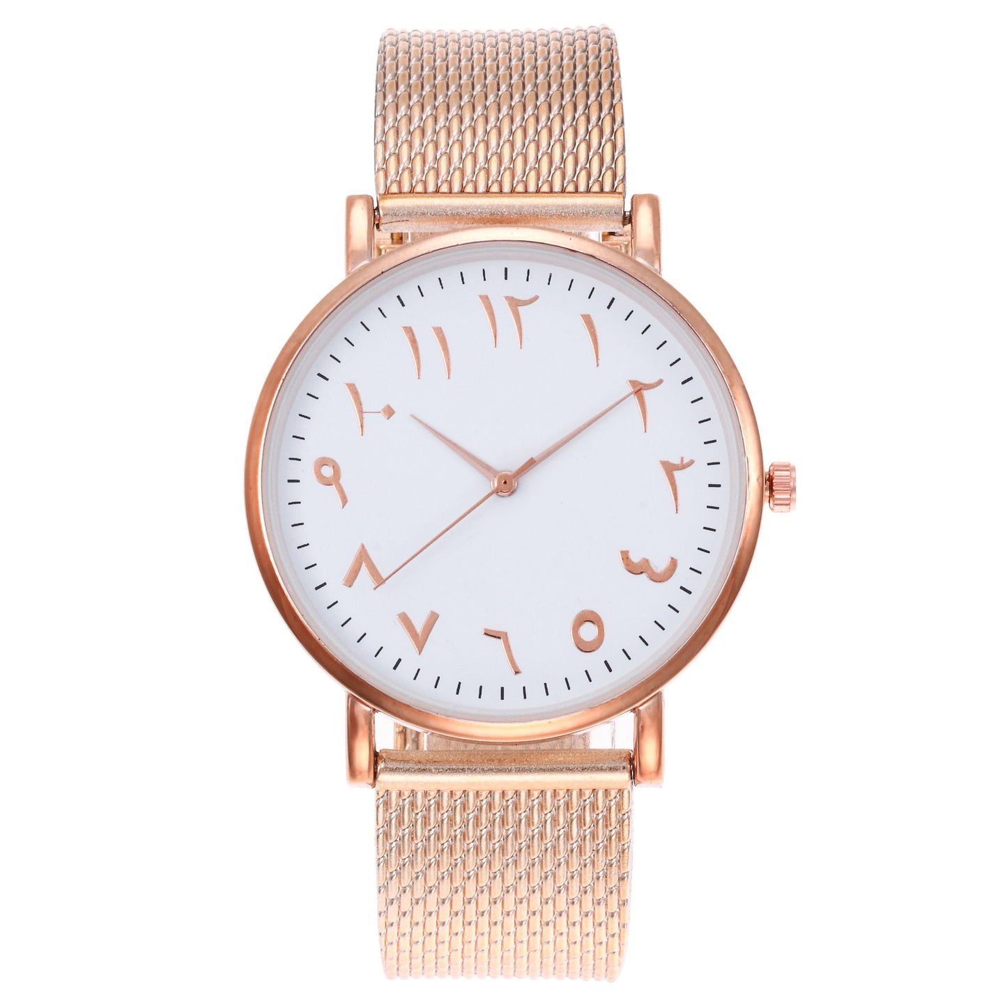 Creative digital mesh band watch with a minimalist design and rose gold accents