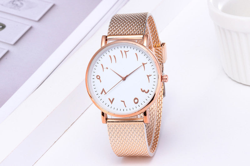 Creative digital mesh band watch with a sleek white dial and stylish rose gold accents