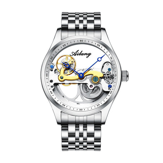 Ailang Automatic Mechanical Watch for Men with Transparent Dial and Silver Stainless Steel Band