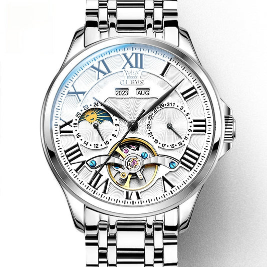 Automatic mechanical men's watch with intricate design and silver stainless steel band