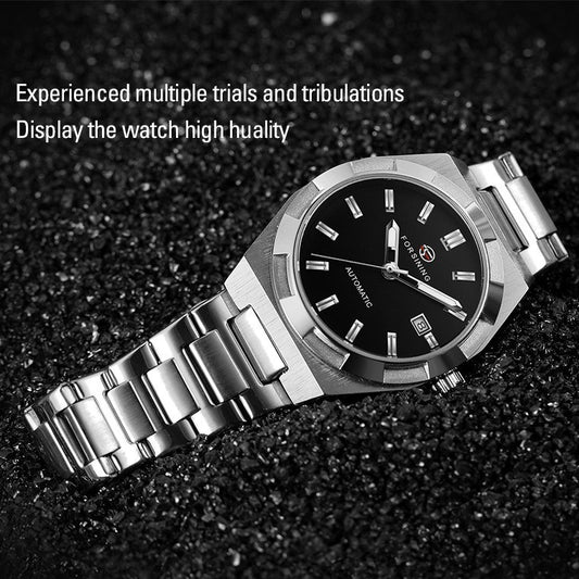 Stylish men's American fashion watch for men with a black dial and silver stainless steel bracelet