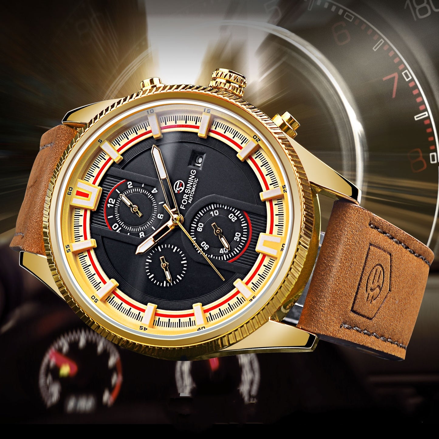 Stylish Purab Darda luxury automatic mechanical watch with gold accents and brown leather strap