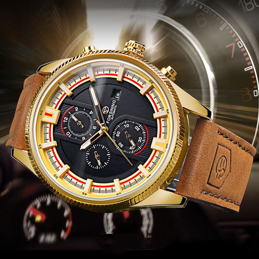 Stylish Purab Darda luxury automatic mechanical watch with gold accents and brown leather strap