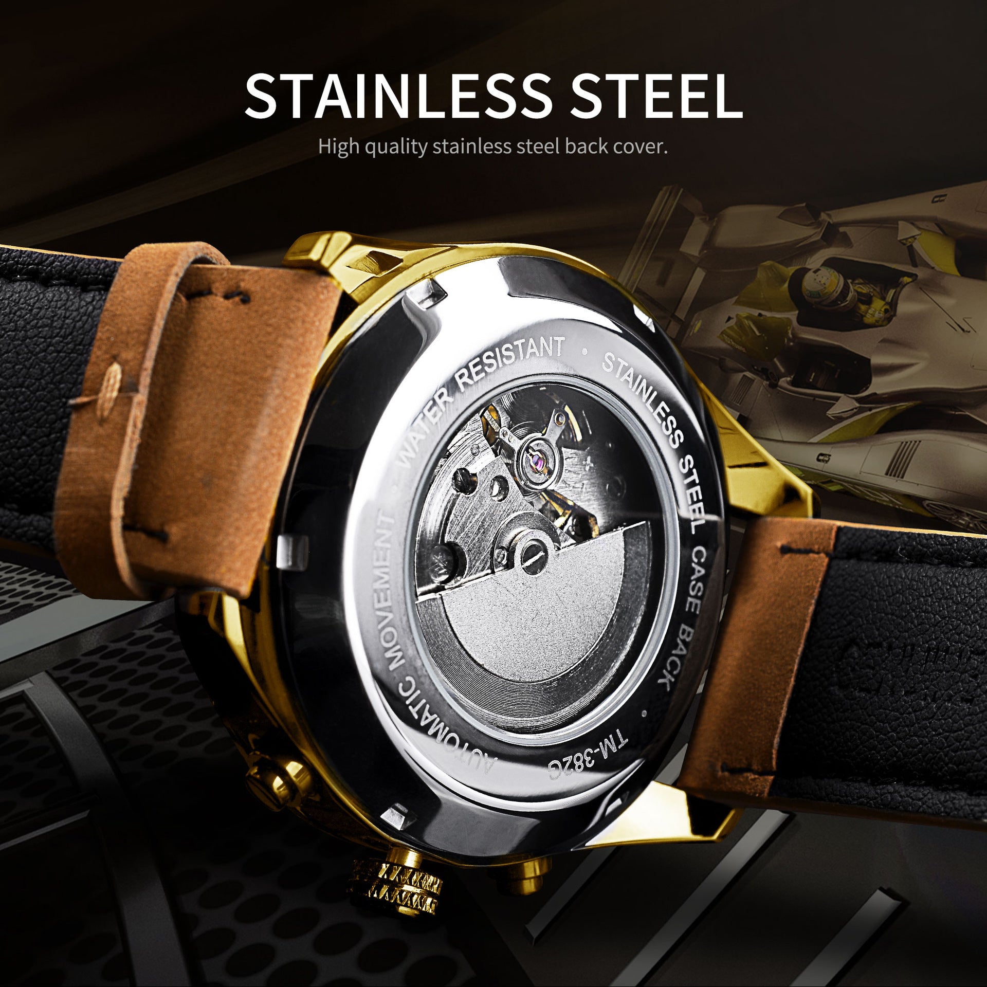 Luxury automatic mechanical watch with stainless steel back cover and high-quality leather strap
