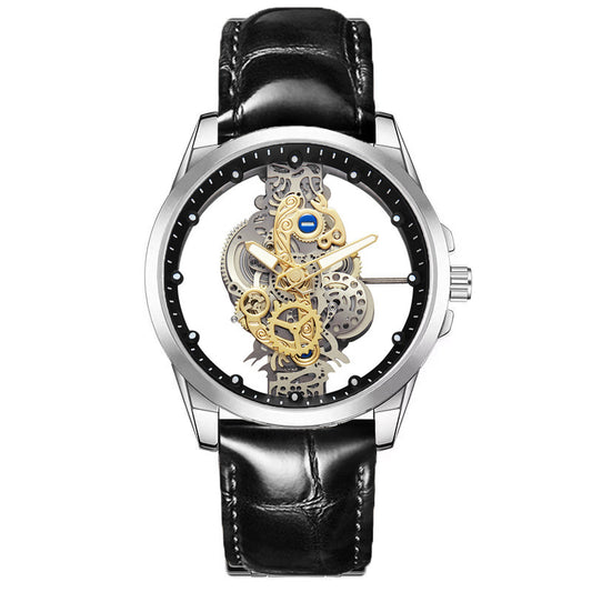 Luxury transparent mechanical watch with skeleton design and black leather strap