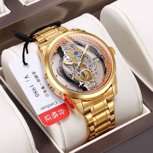 Luxury transparent mechanical watch with a gold-tone case and intricate gear details