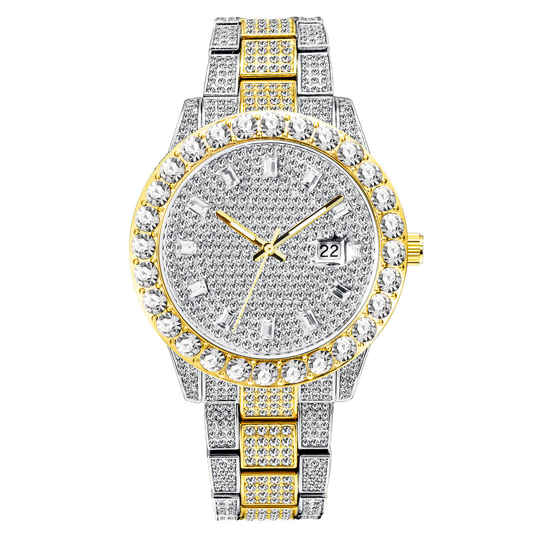 Luxury watches featuring a sparkling diamond-studded face and gold-accented metal bracelet