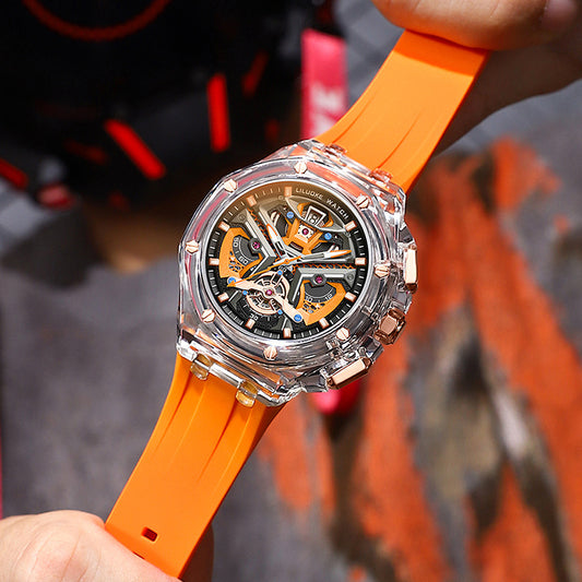 Luxury watches with clear casing and orange strap for a stylish and bold look