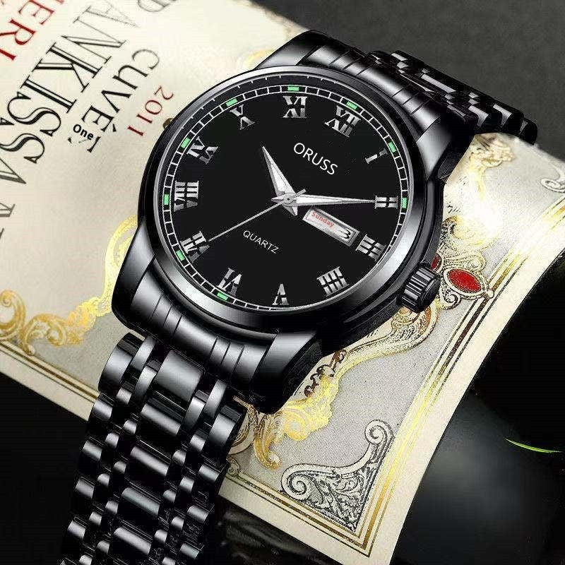 Stylish black ORUSS automatic movement watch for men with Roman numerals and a metal bracelet