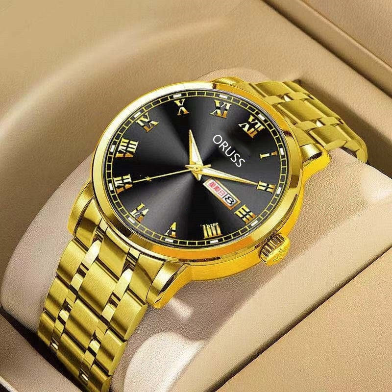 Gold automatic movement watch for men with a black dial and Roman numerals on a metal bracelet