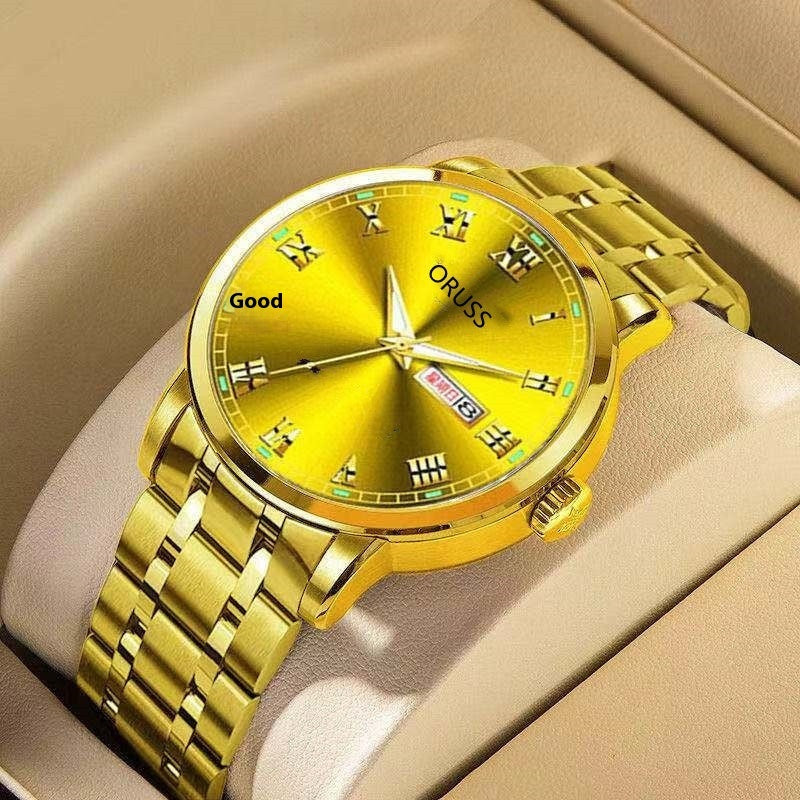 Oruss Gold Automatic Movement Watch for Men with Roman Numerals and Metal Bracelet