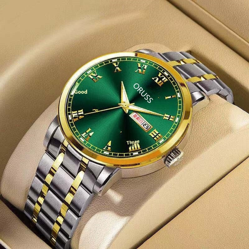 Elegant ORUSS automatic movement watch for men with a green dial and gold-accented stainless steel bracelet