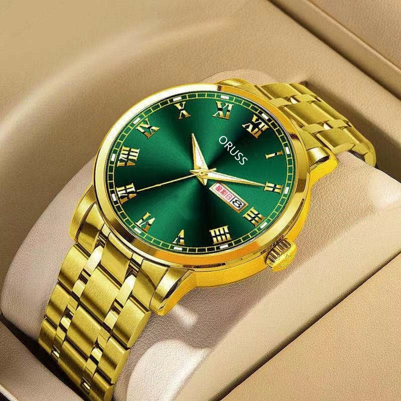 Elegant gold automatic movement watch for men with a green dial and Roman numerals