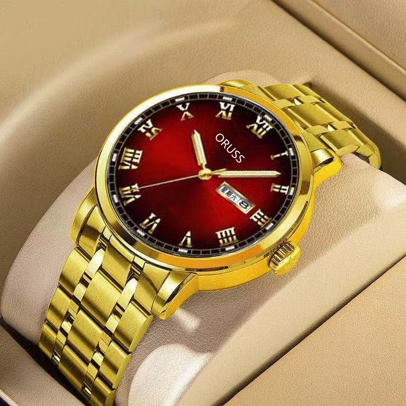 ORUSS Gold Automatic Movement Watch for Men with Red Dial and Roman Numerals