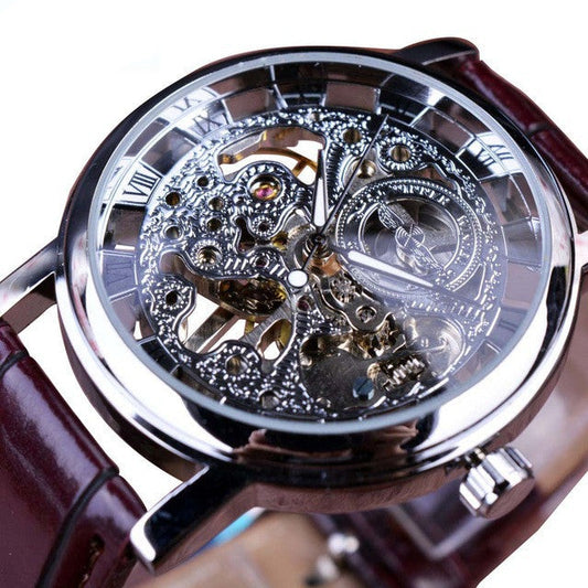 Premium mechanical watches for men with intricate skeleton design and leather strap