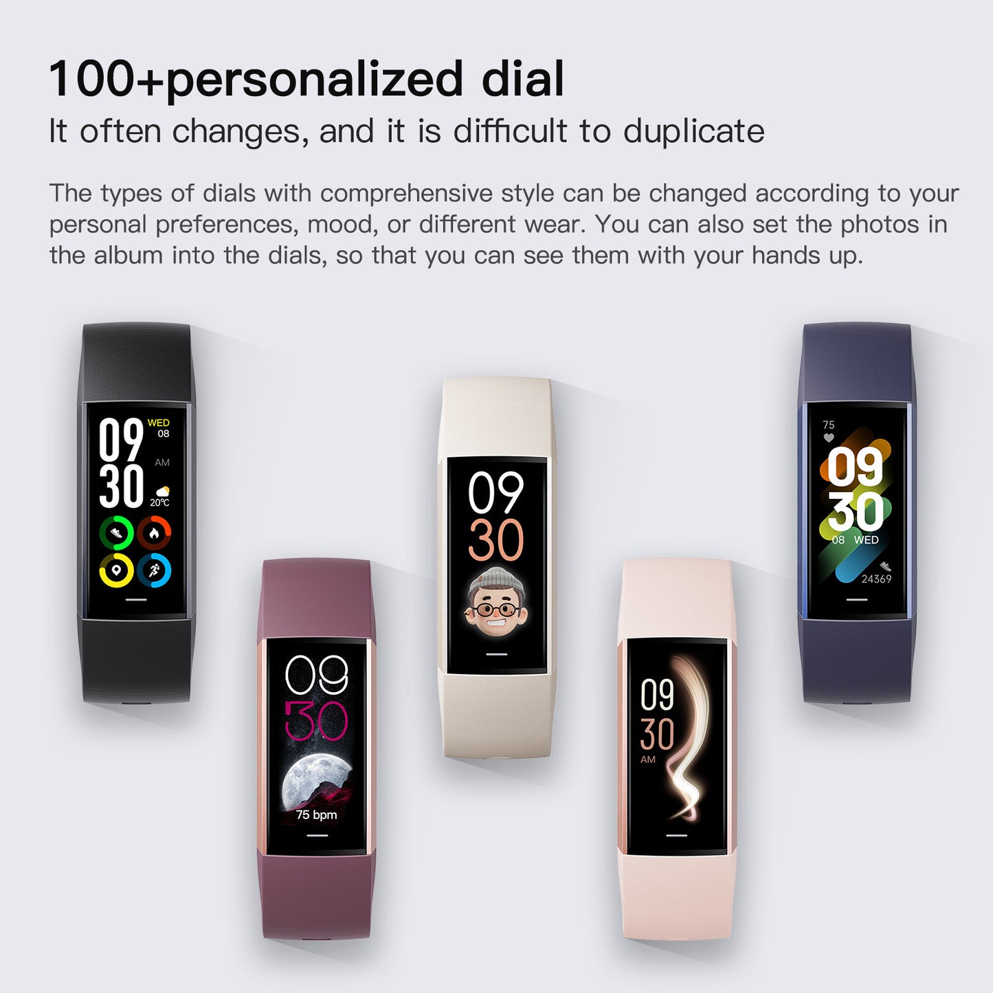 Smart AMOLED fitness bracelet featuring customizable dials in various colors and styles for personal use