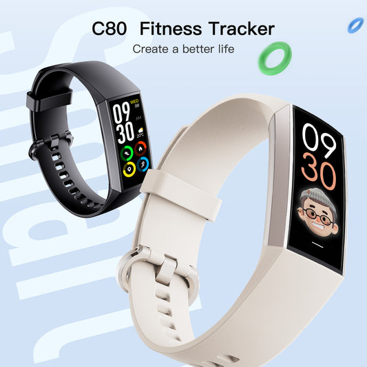 Smart AMOLED fitness bracelet in black and white with colorful display and activity tracking features