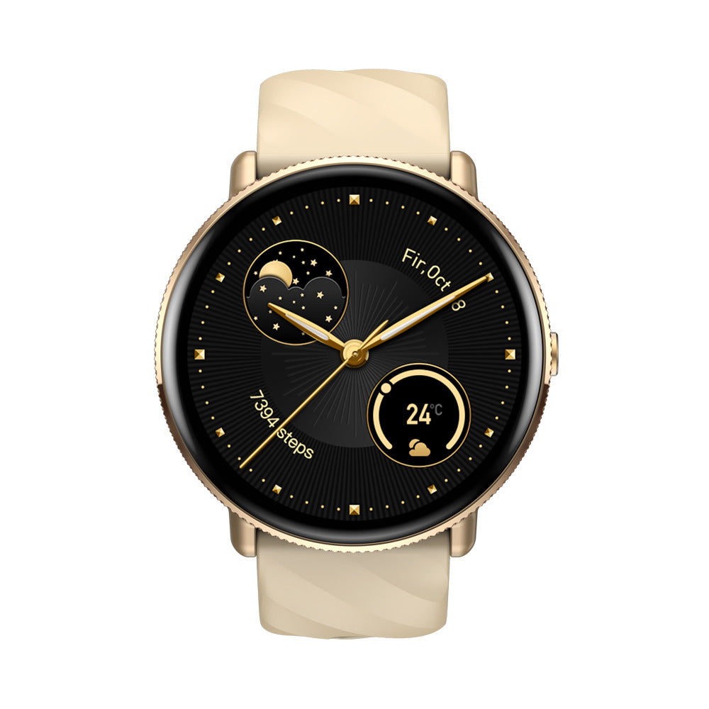 Aman Baisla Shop Smartwatch for women featuring a gold bezel and a stylish cream strap