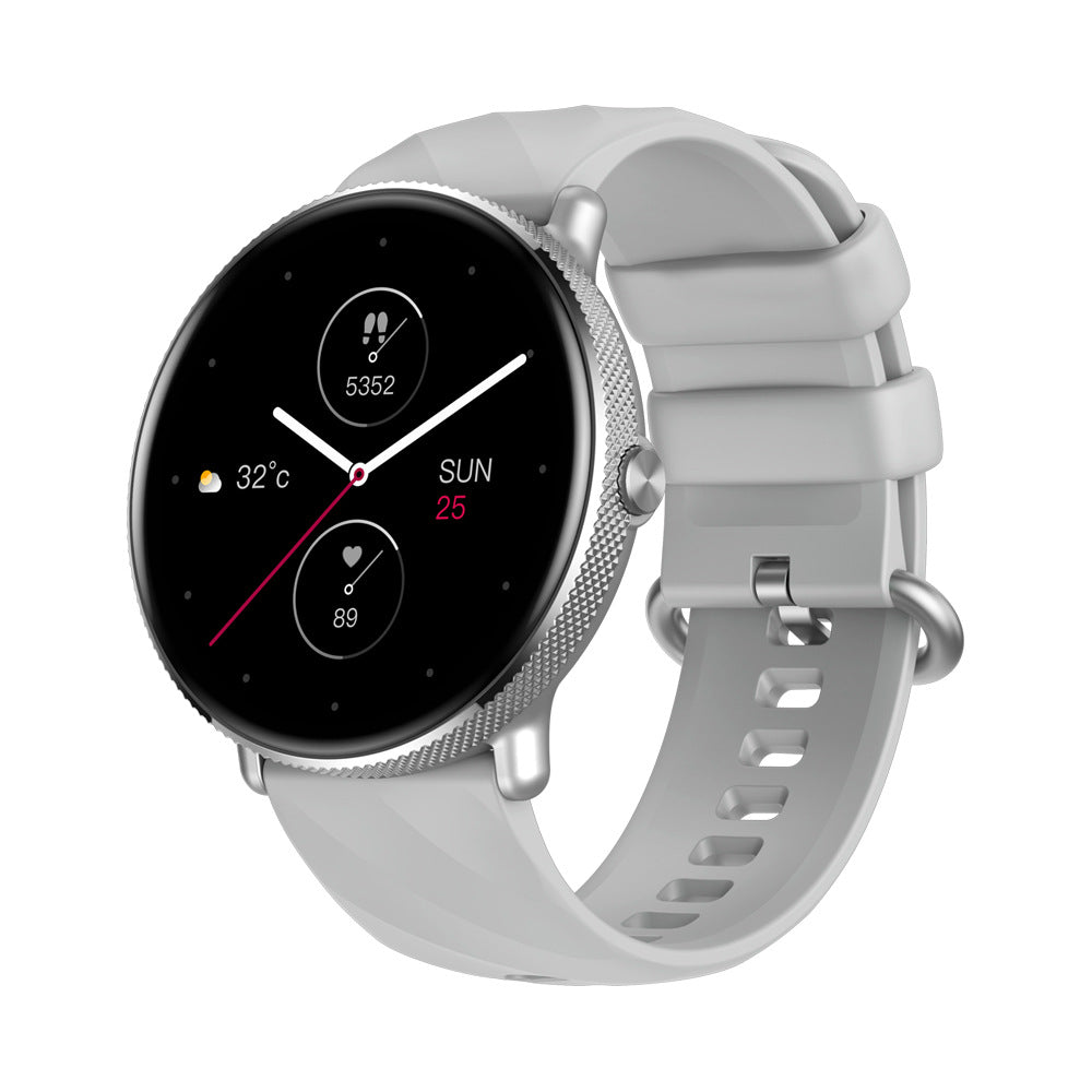 Stylish Smartwatch for women with fitness tracking features and a sleek grey silicone strap