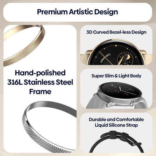 Stylish smartwatch for women with 3D curved bezel-less design and slim stainless steel frame